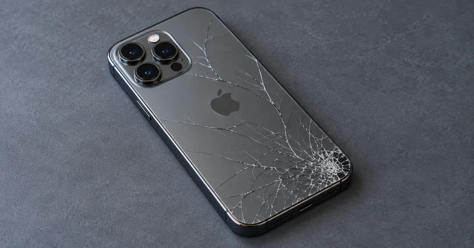 Graphite iPhone with cracked rear glass and intact camera lenses on a gray repair mat